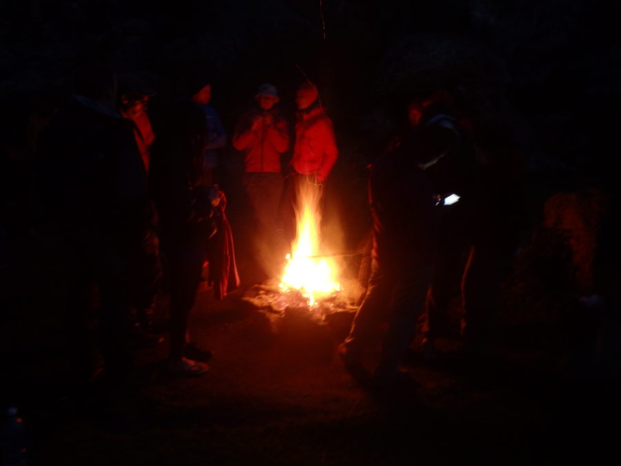 Camp fire at camp 2, Ala-Kol lake trek