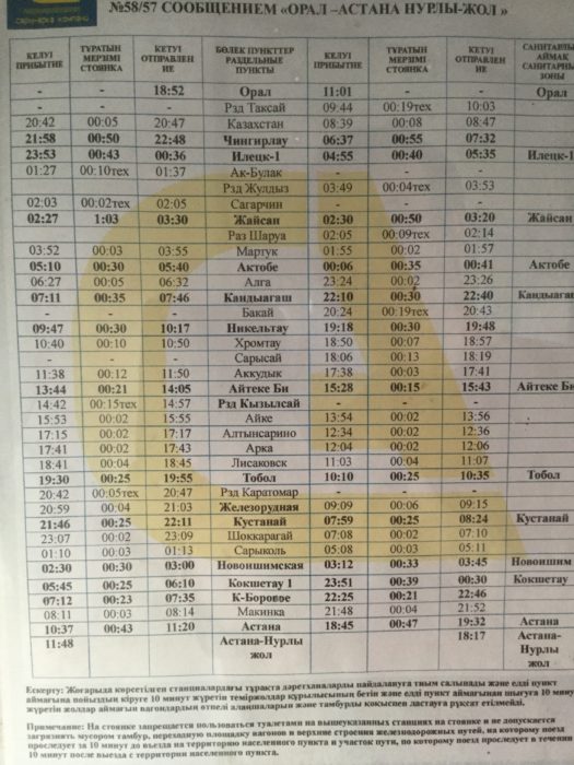 Journey schedule, Kazakhstan train