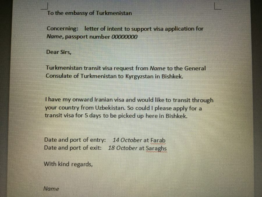Turkmenistan transit visa application cover letter