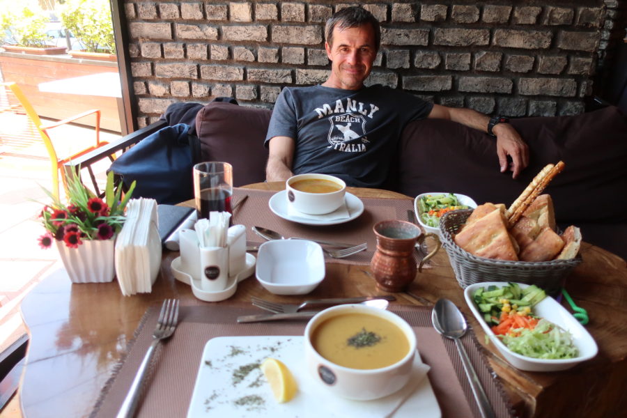 Soup and salad for business lunch Borani restaurant Lankaran,  budget travel tips for Azerbaijan