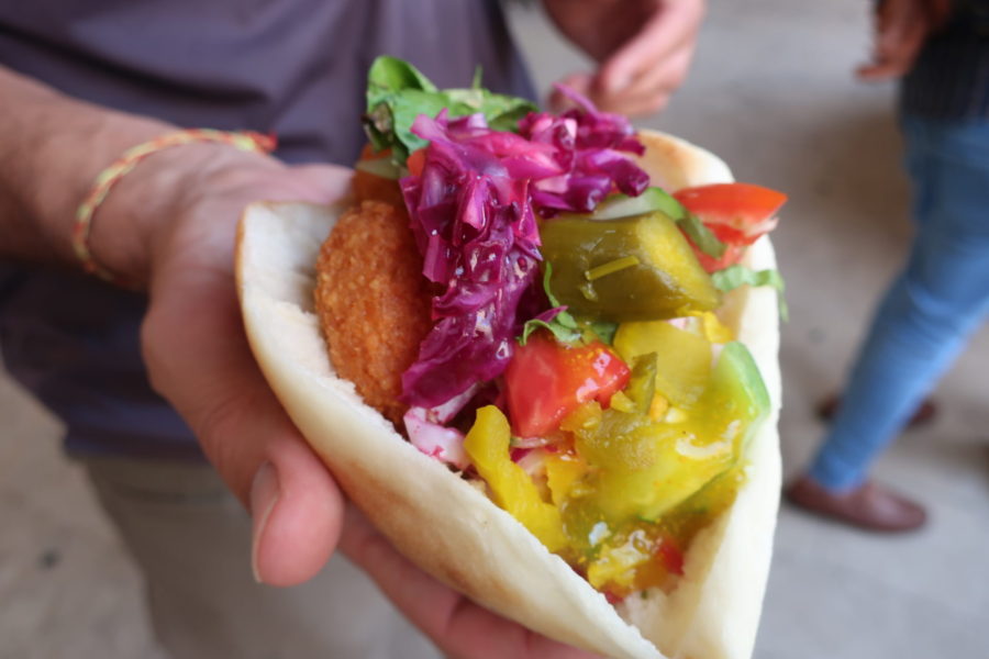 Falafel in fresh bread - you choose the fillings from the bowls at the side