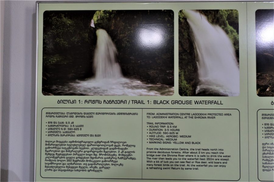 Sign in Lagodekhi Park information centre about Black Grouse waterfall