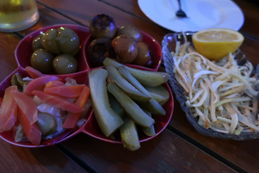 Delicious bar snacks after our trip from Baku to Ganja