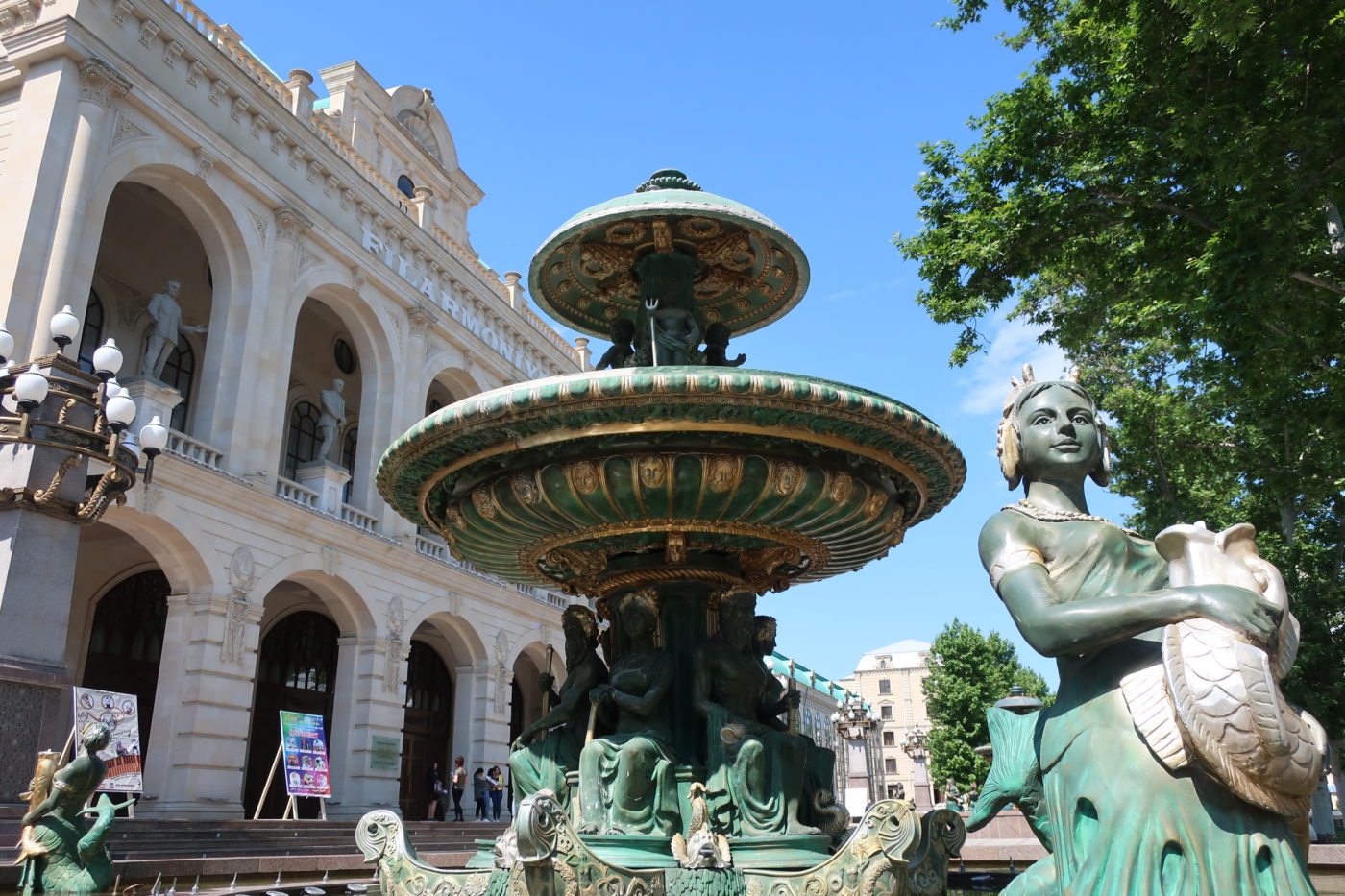 One of the fountains outside the Ganja Philharmonic theatre