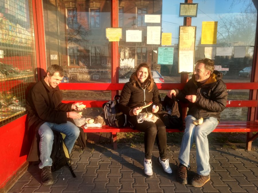 Zabka birthday lunch in a bus shelter Oswiecim Poland