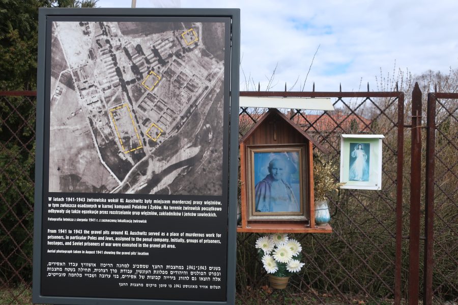 Sign and shrines near the gravel pits at Auschwitz I where prisoners were executed and buried