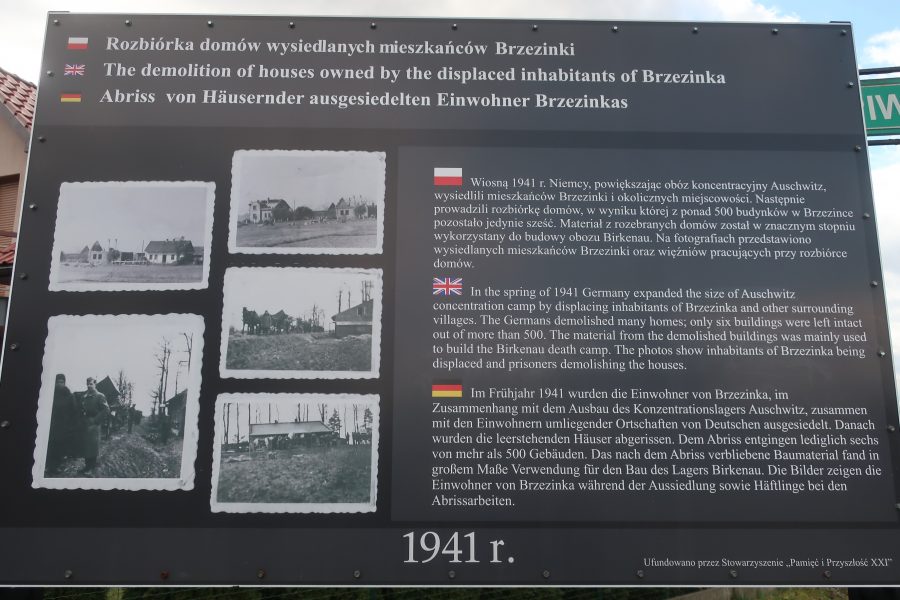 Sign about the destruction of Brzezinka village in 1941 to build Auschwitz Birkenau